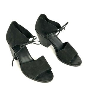 Eileen Fisher Womens 9.5 Black Suede Peep Toe Heeled Sandals Tie Up Minimal
